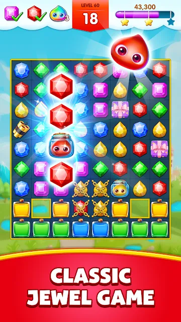 A gem grid with the level number, score and a red special piece about to fire