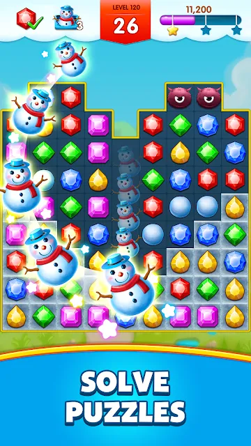 A board where snowman-shaped obstacles sit among the gems, with the objective counters above